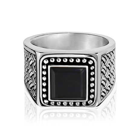 黑色缟玛瑙不锈钢详细的标志戒指。